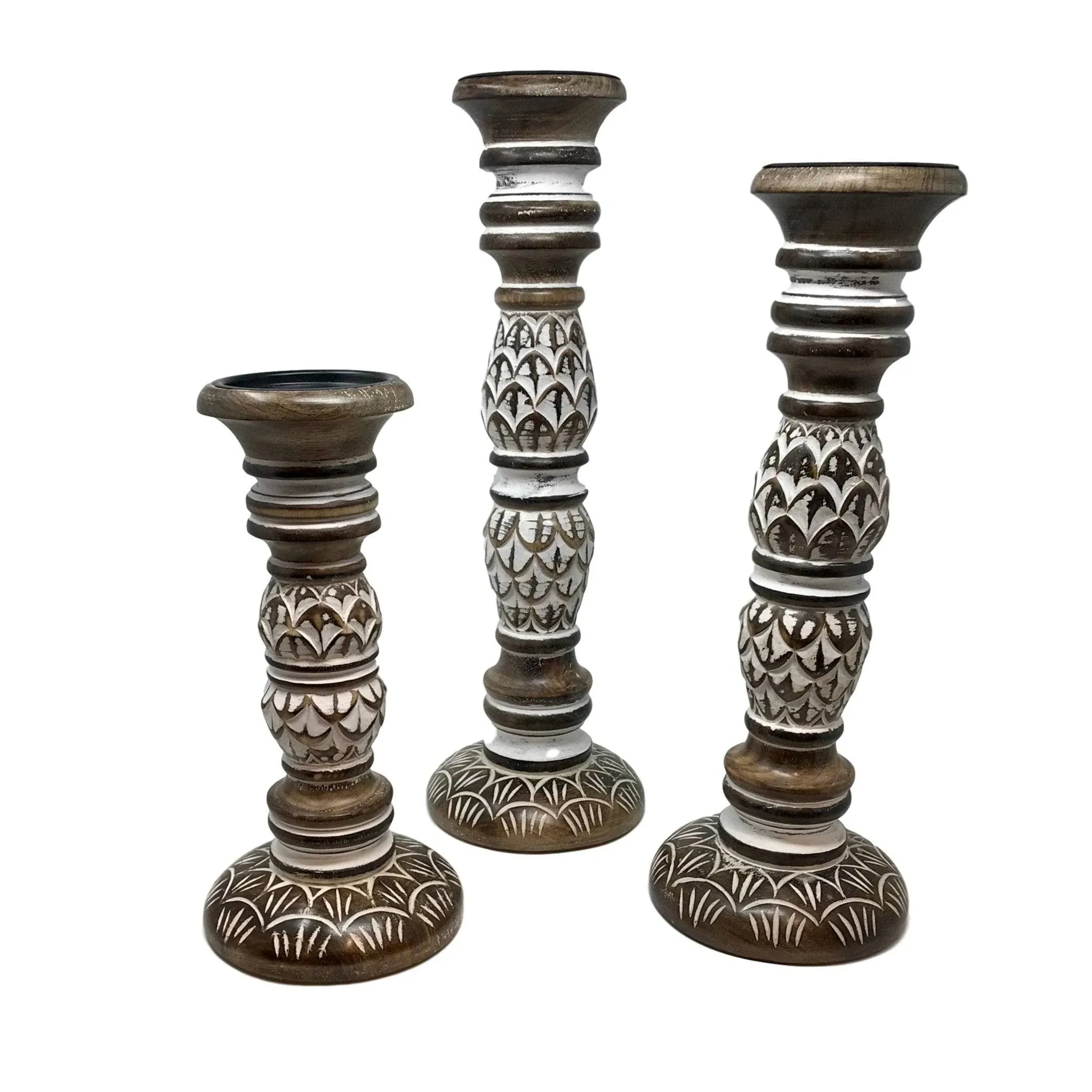 Deco 79 Mango Wood Pillar Candle Holder, Set of 3 10", 6", 8" H, Black