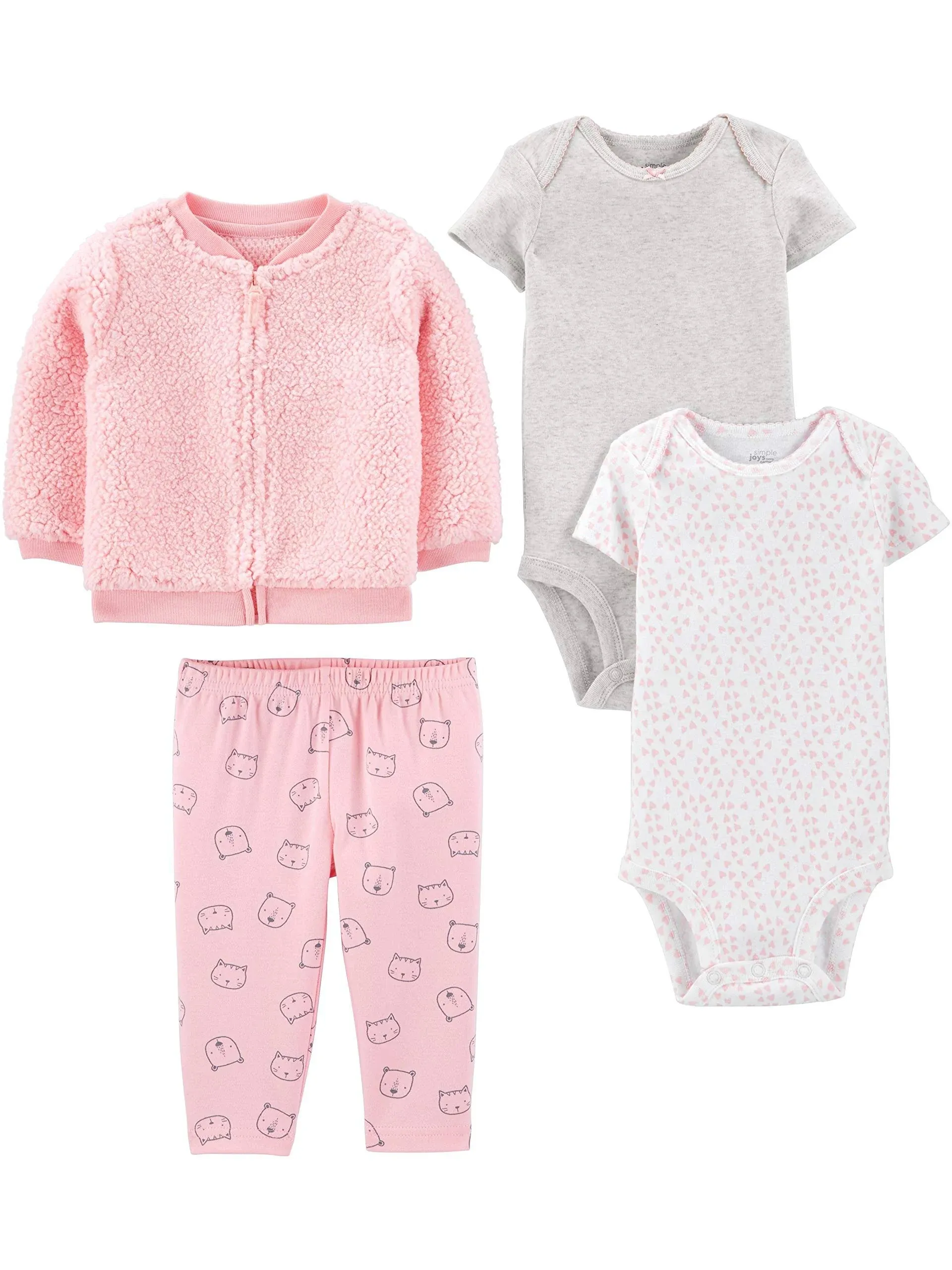 Simple Joys by Carters Baby Girls 4-Piece Jacket, Pant, and Bodysuit Set, Pink, Cat, 12 Months