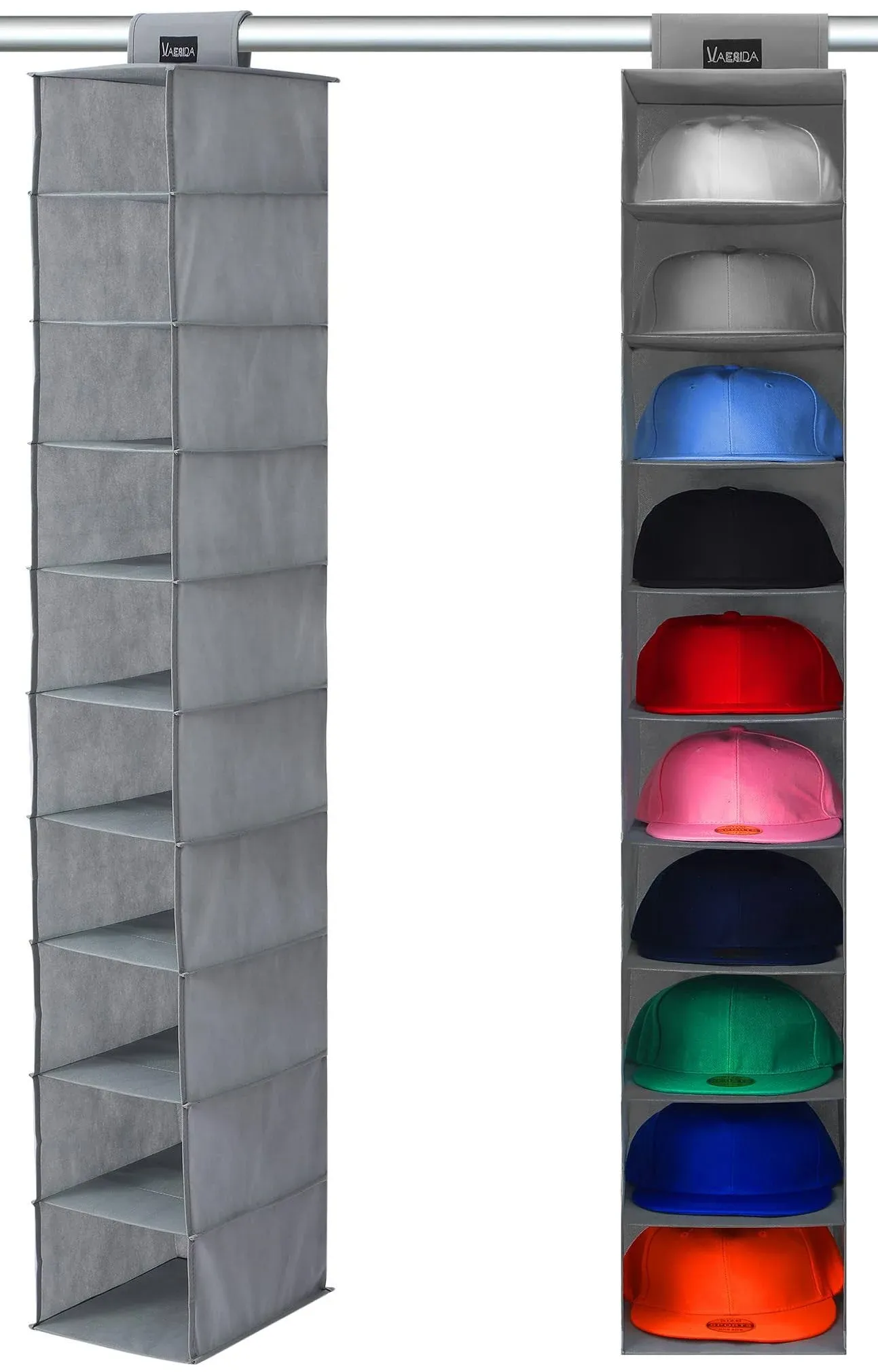 VAESIDA Hat Rack Hanging Closet - 10 Shelf Hanging Hats Organizer for Hat Storage - Best Hat Rack & Baseball Cap Holder, Gray