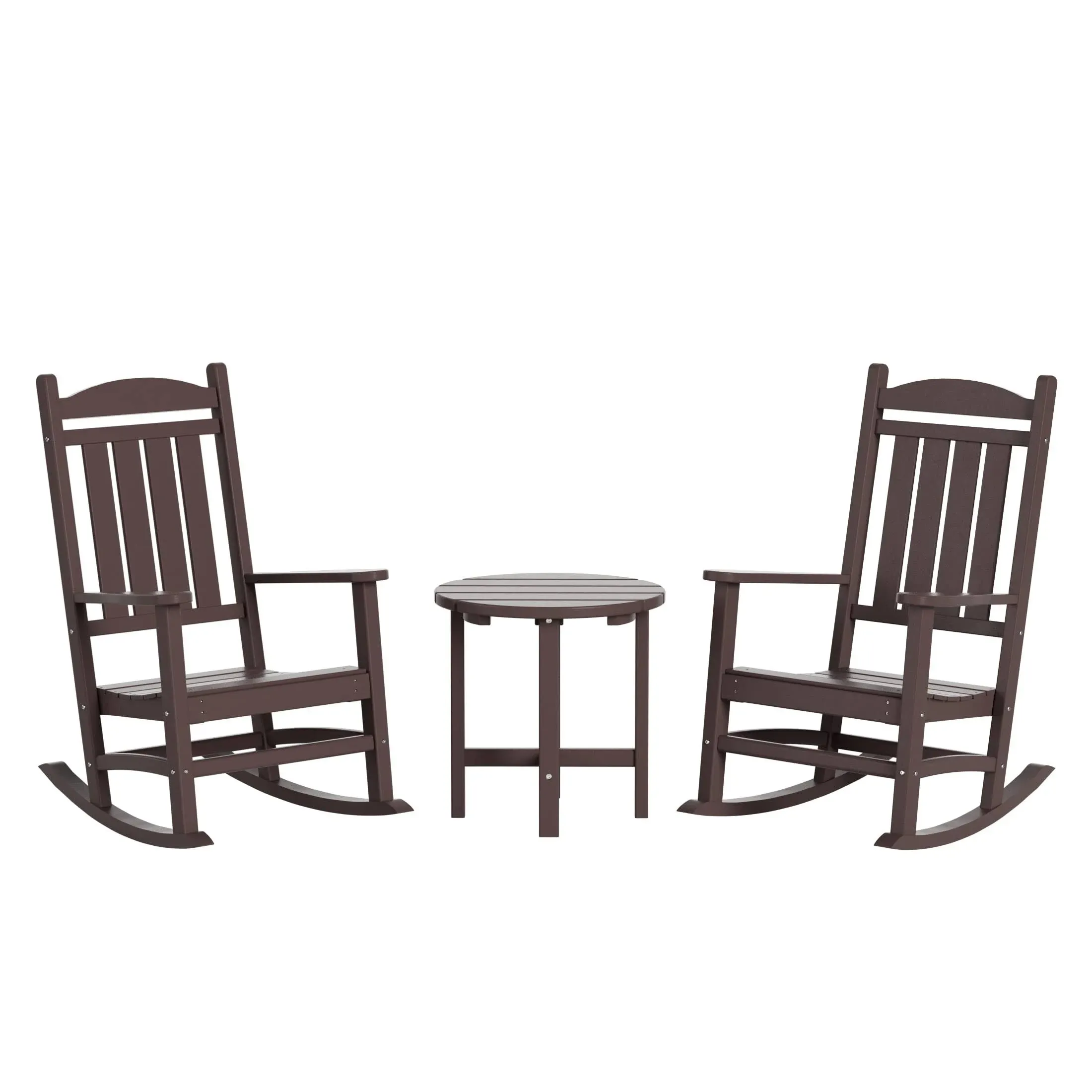 WestinTrends Malibu Classic 3 Piece Outdoor Rocking Chairs Set All Weather Poly Lumber Adirondack Rocker Bistro Dark Brown