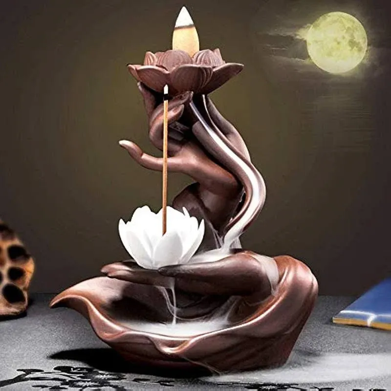 Fashionman Elegant Lotus Incense Burner Waterfall Incense Holder Ceramic Censer 