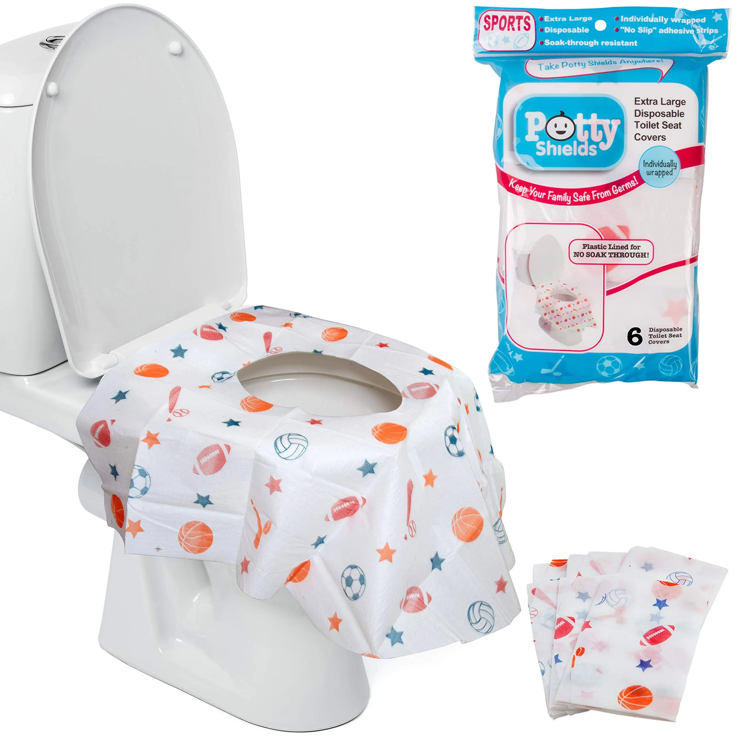 Toilet Seat Covers Disposable (6 Pack, Sports) - XL Waterproof Toilet Cover for Toddlers, Kids & Adults - Portable & Individually Wrapped for Travel, Potty Training & Public Restrooms