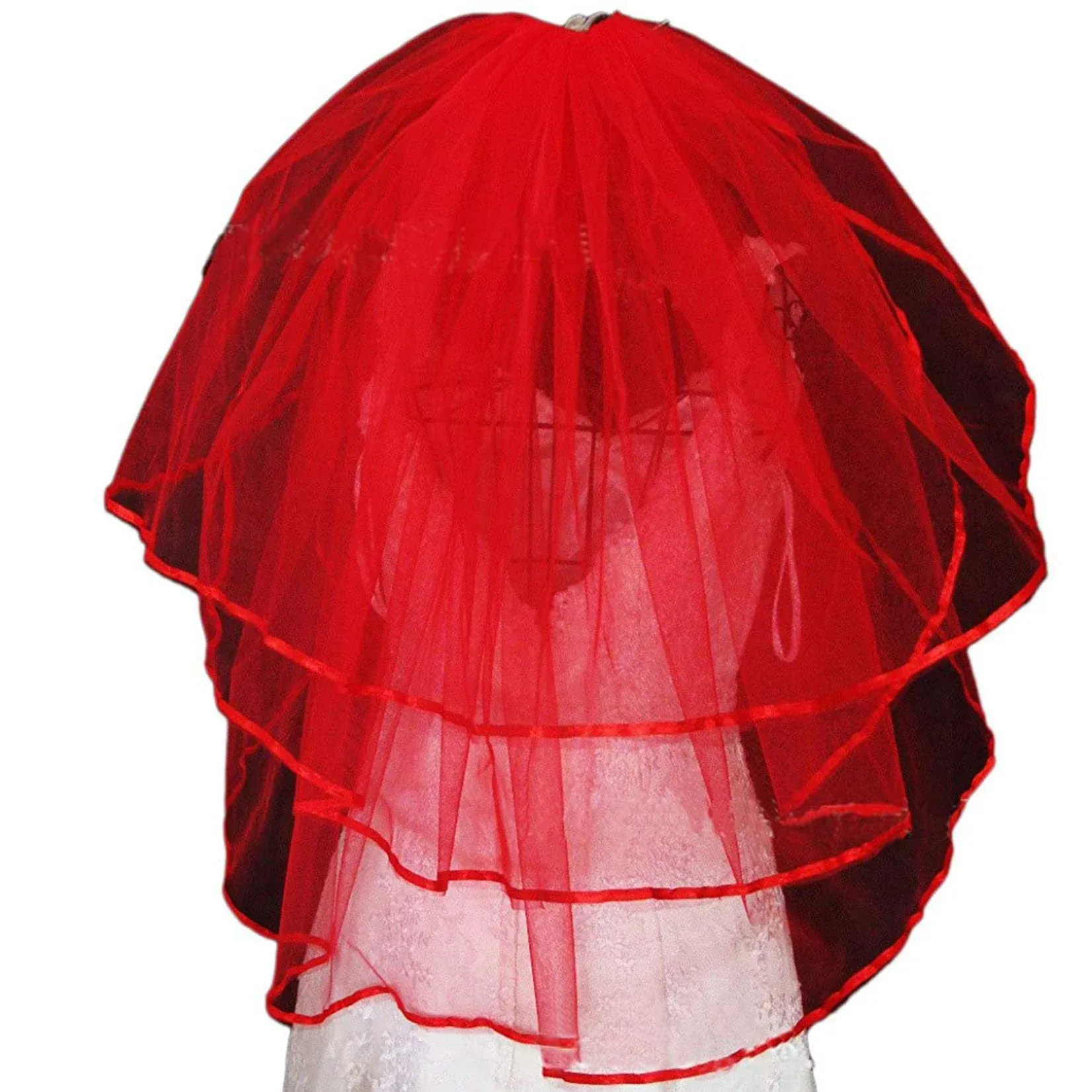 Women&#039;s Short Wedding Veils with Comb 3 Tier Halloween Tulle Bridal Veil Red