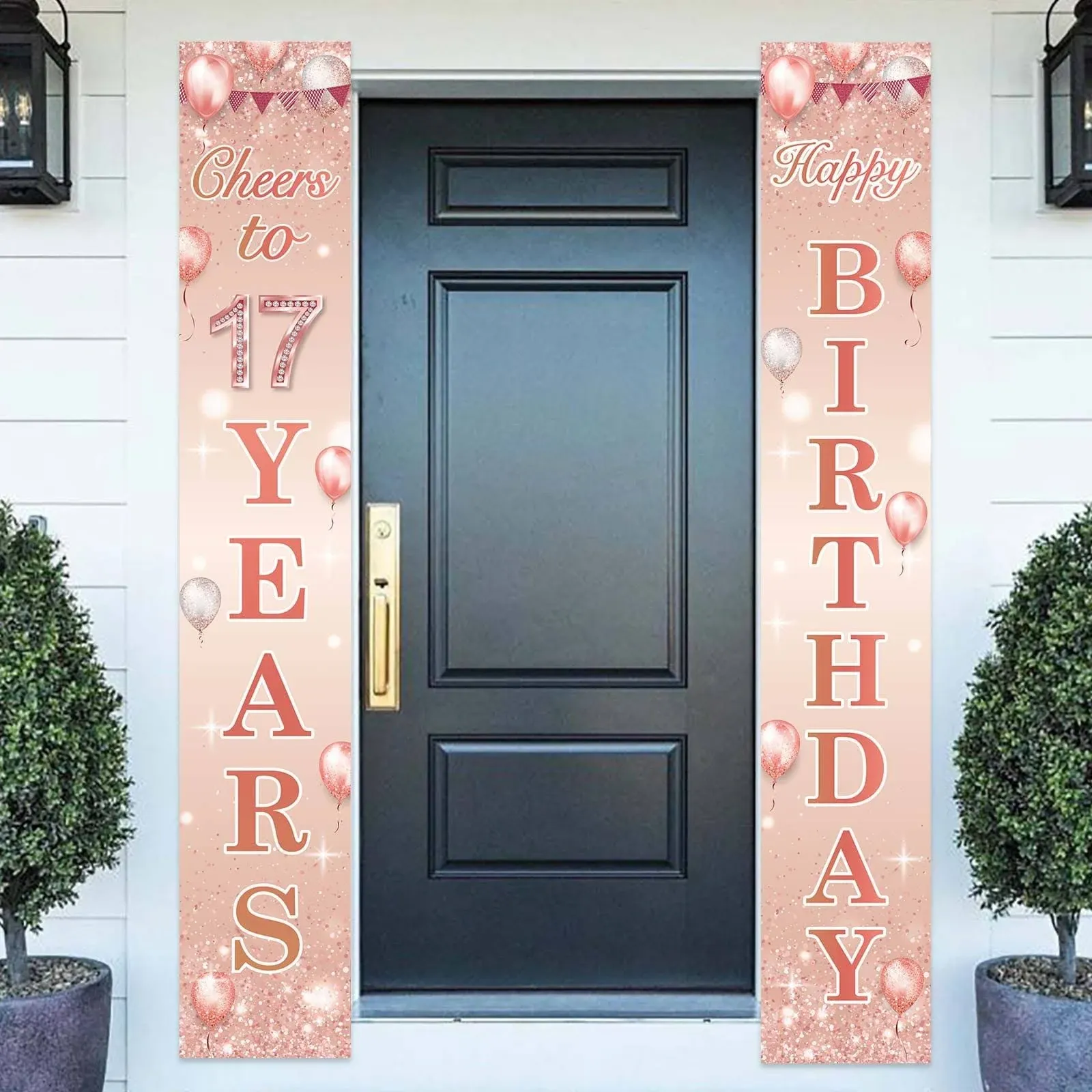 Happy Birthday Rose Gold Banner Cheers to 17 Years Backdrop Balloon Confetti ...