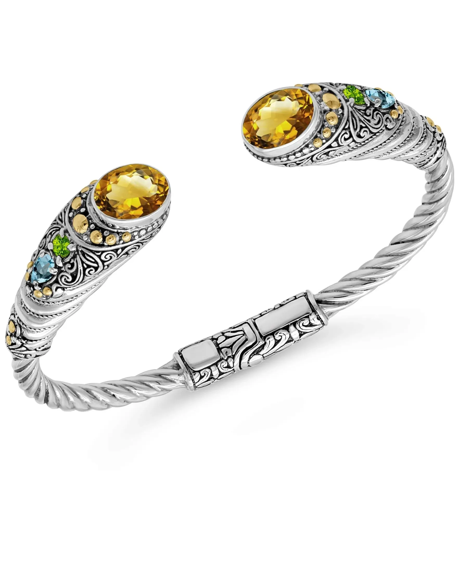 18K Gold & Sterling Silver Citrine Bali Filigree Hinged Cuff Bracelet