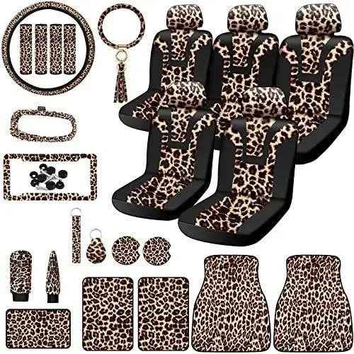 Tallew Leopard Car Accessories Leopard Car Seat Covers Full Sets Leopard Car Steering Wheel Cover License Plate Cover Rubber Car Floor Mat Leopard Car Protector Interior Accessories Universal Fits