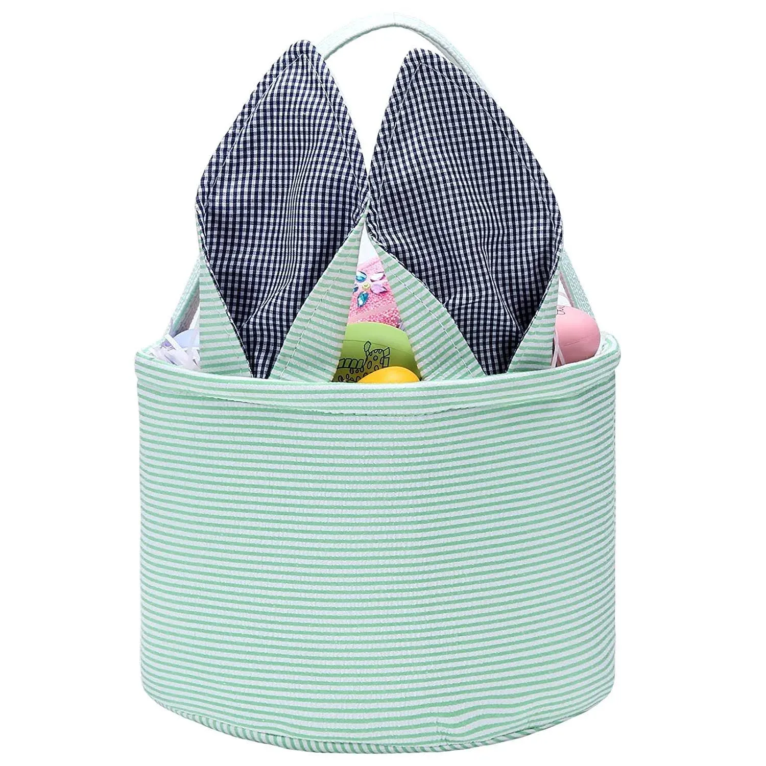 Easter Bunny Basket Seersucker Egg Bags for Kids,Personalized Candy Egg Basket Rabbit Print Buckets with Fluffy Tail Gifts Bags for Easter……