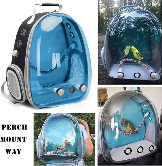 Bird Traval Carrier Cage, Polarized Tinted Blue Space Capsule Astronaut Backpack to Carry Parakeet Cockatiel Parrot with Metal Tray Wood Perch, Vet Transport Bag