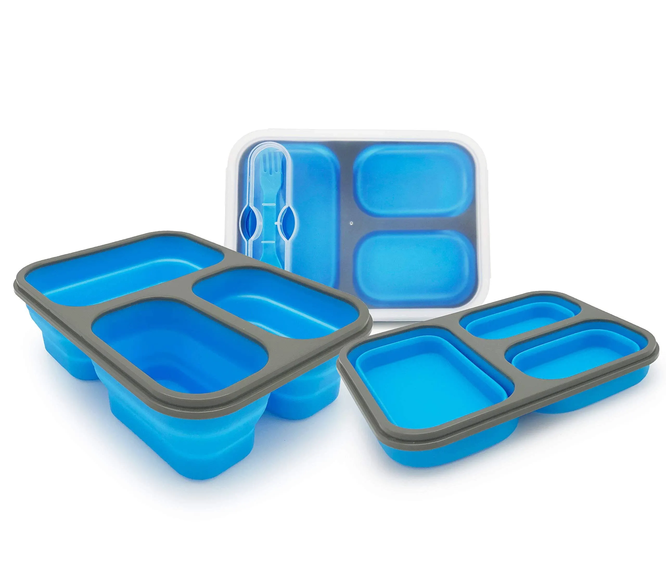 Foldable Bento Lunch Box (1pcs) for Women Men With Spork & Lid BPA Free,Collapsible and Leakproof Space Saving Food Storage Containers with 3 Compartments -Blue