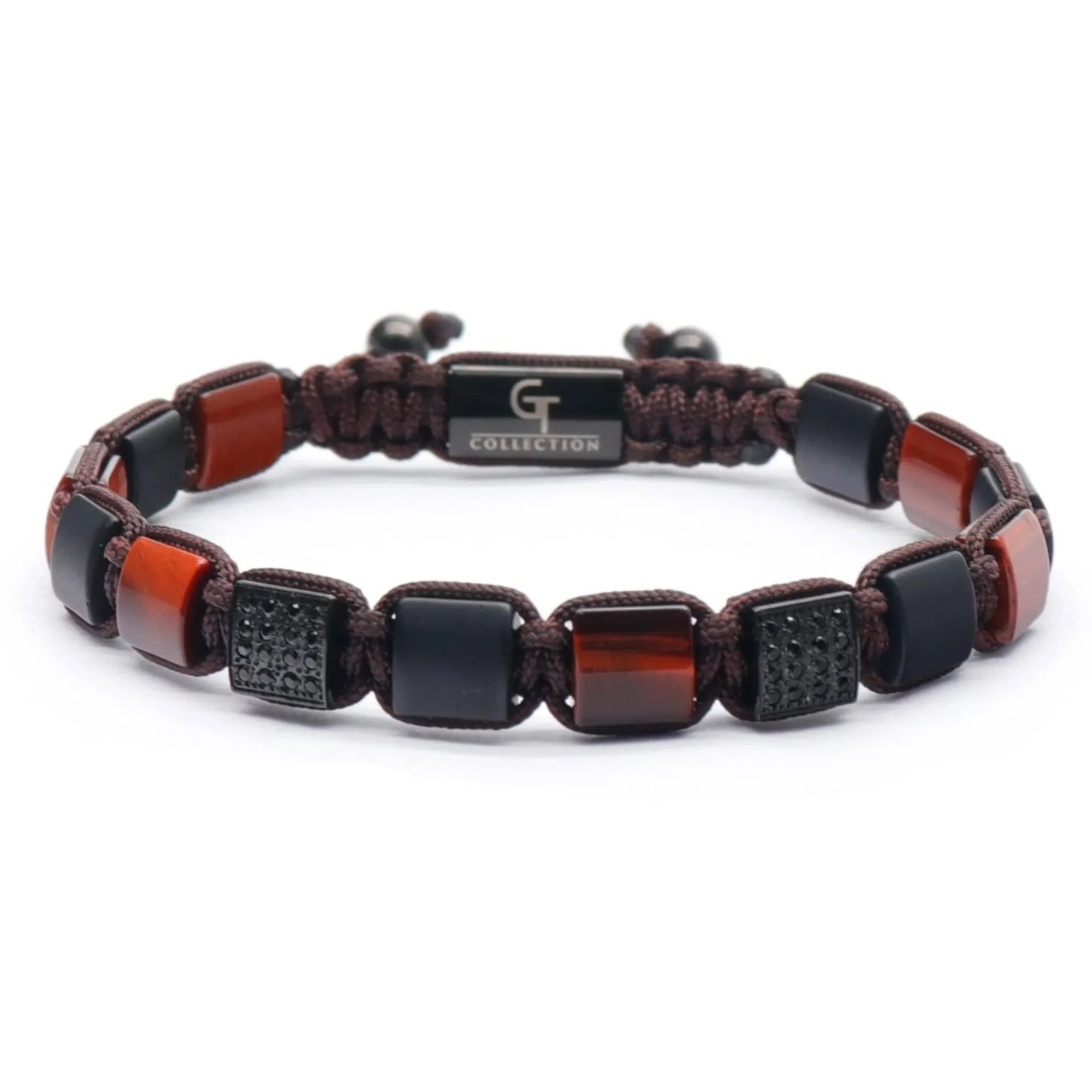 Stylish Red Tiger Eye & Matte Onyx Flatbead Bracelet, Men's Adjustable Gemstone Beaded Accessory, Stackable Healing Stone Wristwear Jewelry