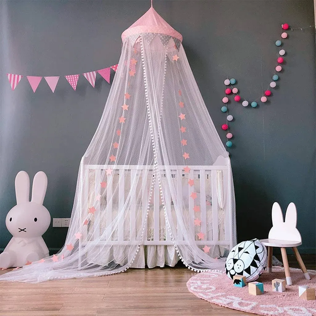 OldPAPA Bed Canopy Hanging Tents Mosquito Net Netting Curtains for Kids Children Room Decoration, Princess Baby Bed Canopy Crib Tent with Stars Decoration, Pink