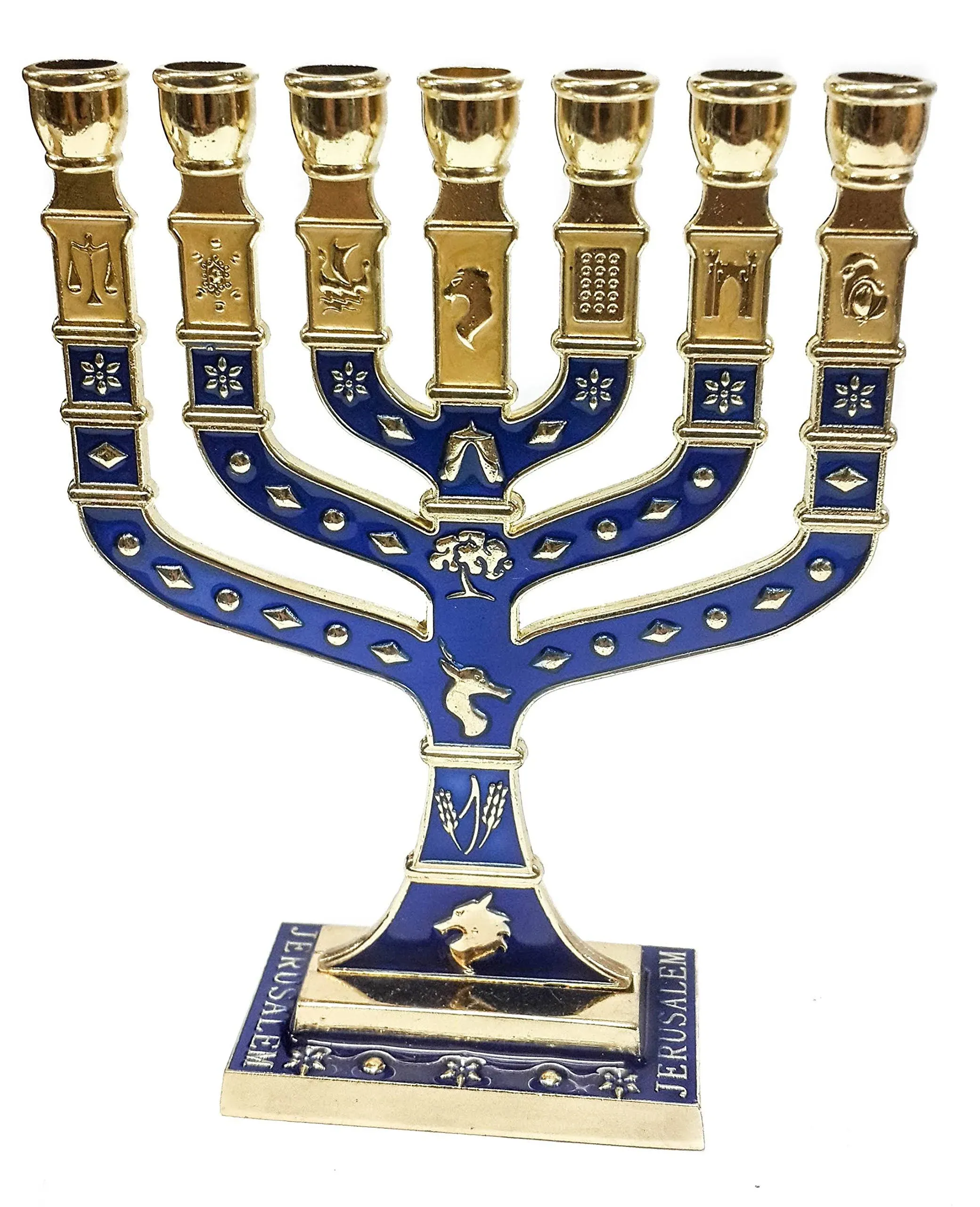 Golden Menorah 7 Branch 12 Tribes of Israel Jerusalem Menora Blue Enamel 4.7&#034;