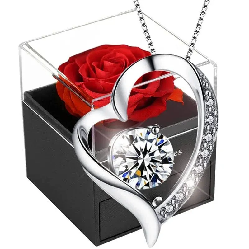 Eternal Preserved Rose Flower Gift Box with 925 Sterling Silver Heart Necklace