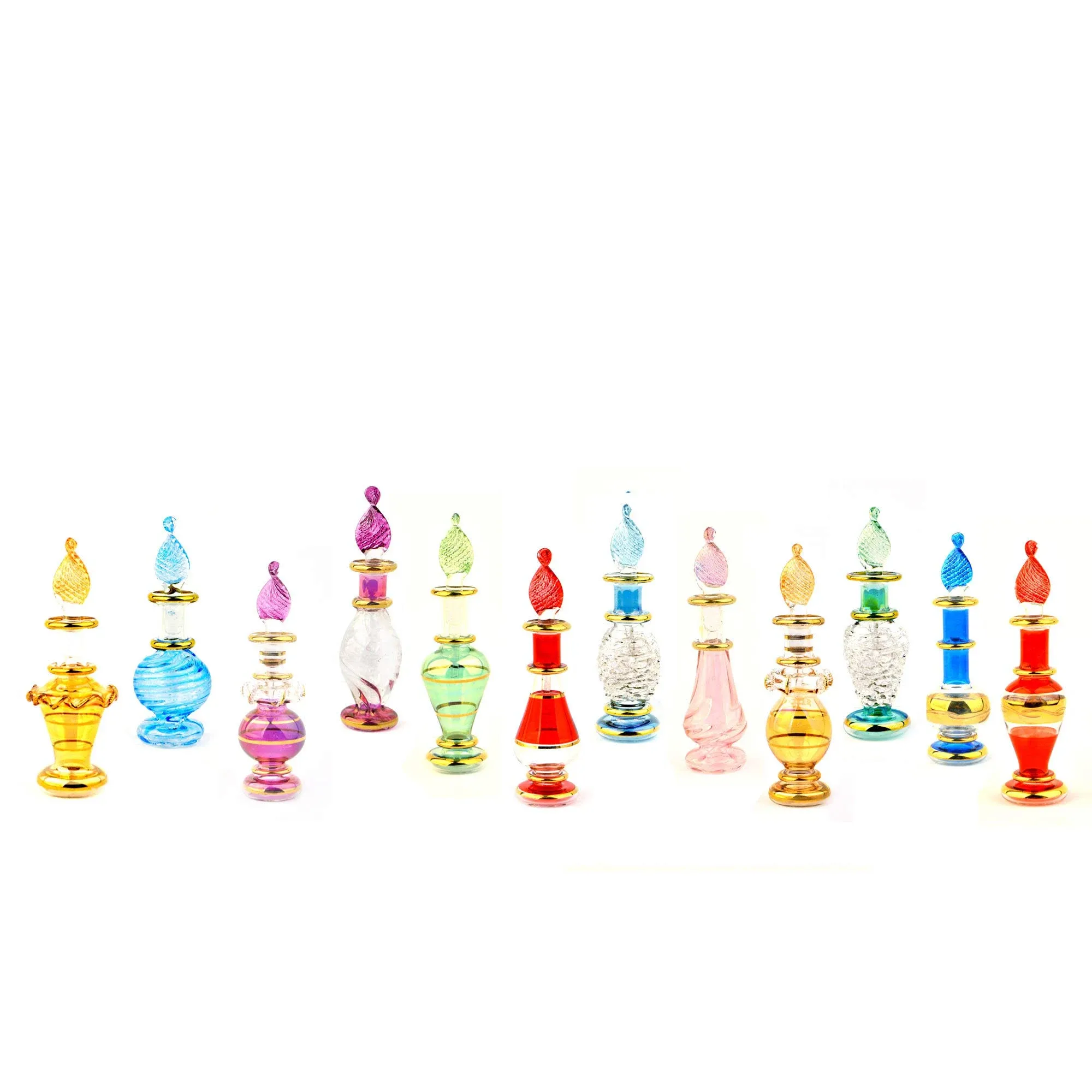 Egyptian Mouth Blown Glass miniature Perfume Bottles Wholesale Set of 12 Size 2" (5 cm) with handmade Gold decorative Vials for essential& perfume oils