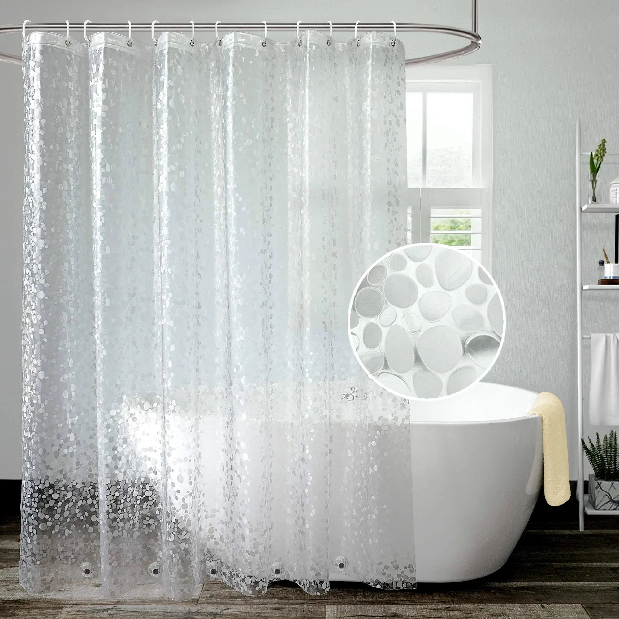 AooHome EVA Clear Shower Curtain Liner Heavy Duty Shower Curtain Cobblestone Patten with Bottom Magnets, Semi Transparent, 72W x 78L inch