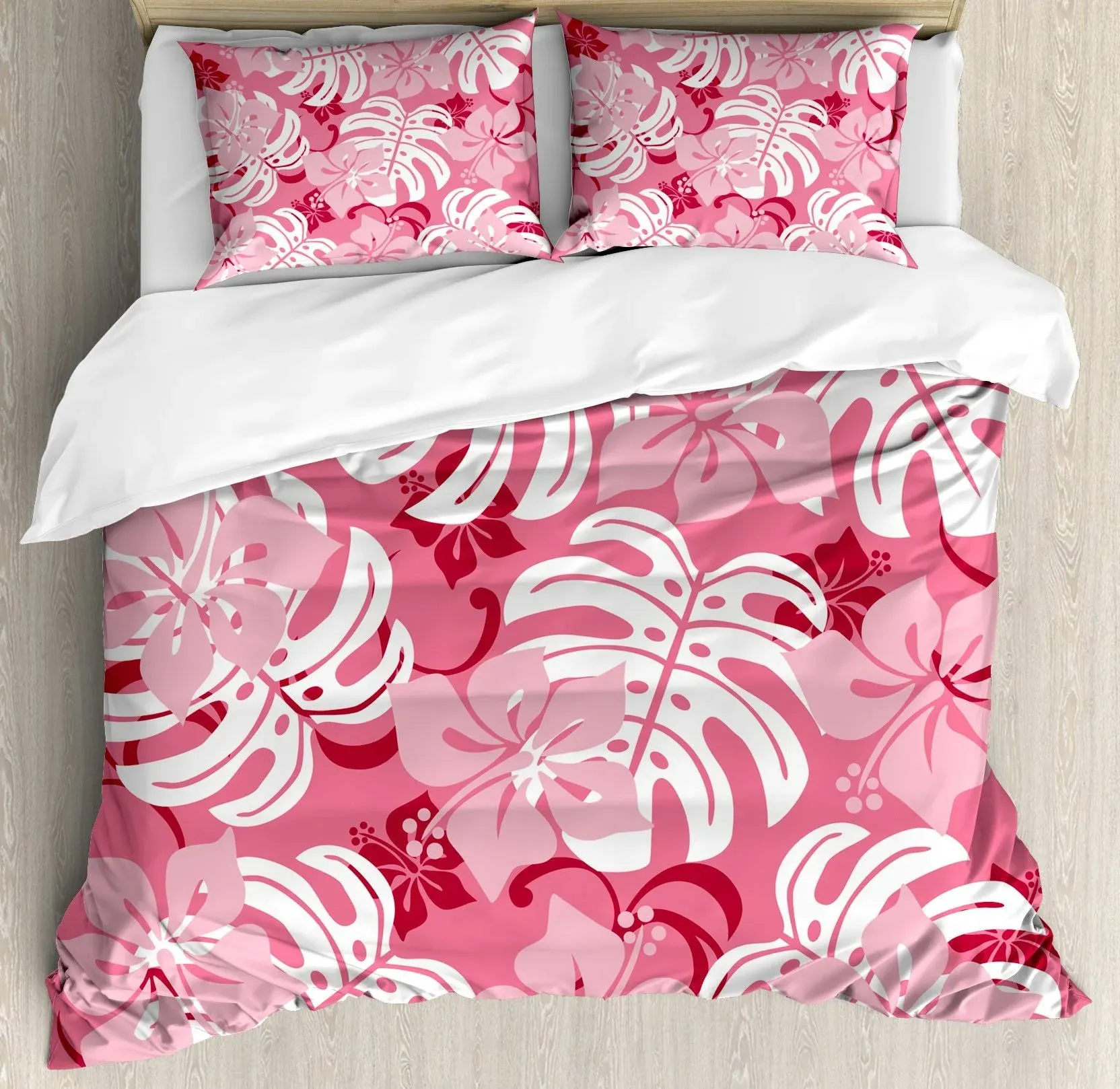 Ambesonne Luau Duvet Cover Set, Hibiscus Flower with Monstera Leaves Rainforest Plants Fresh Nature Motif, Decorative 3 Piece Bedding Set with 2 Pillow Shams, King Size, White Pink