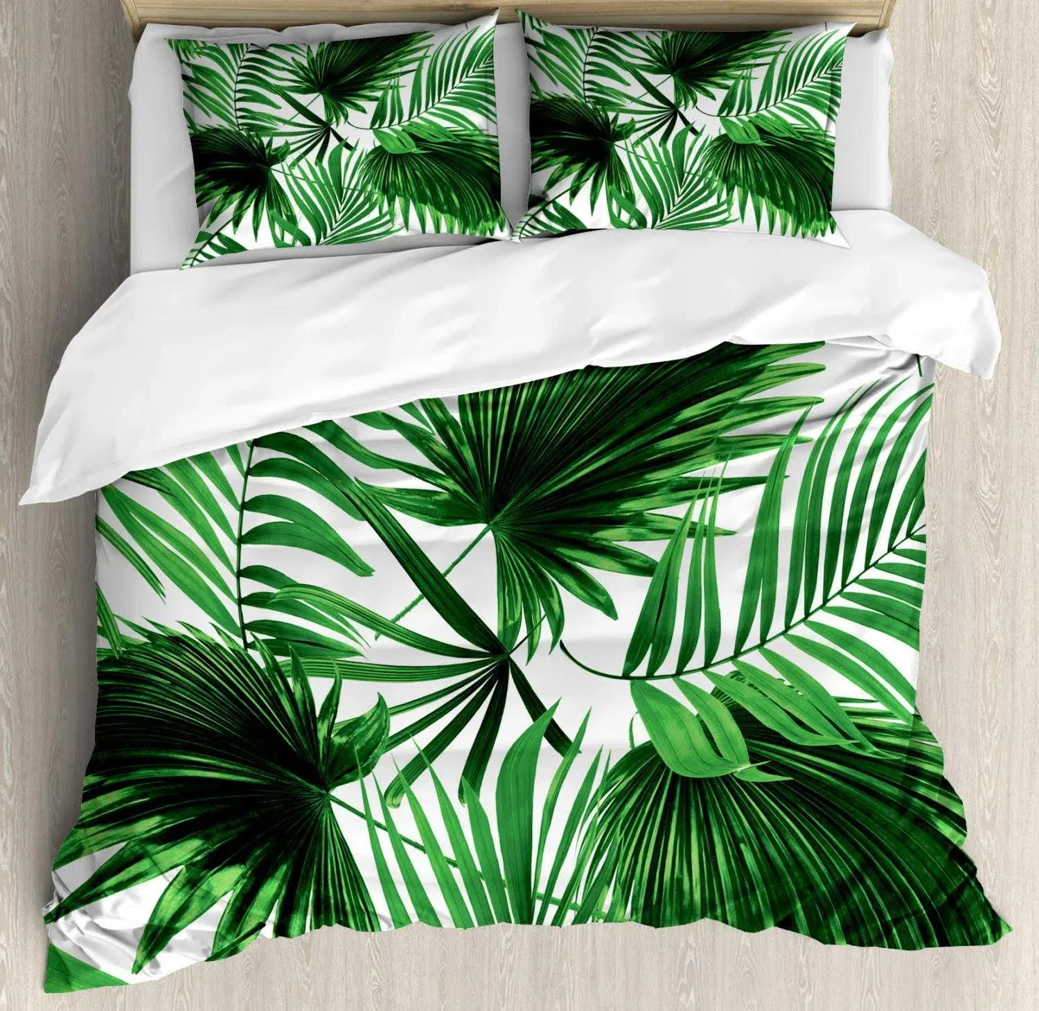 Ambesonne Palm Leaf Duvet Cover Set, Realistic Vivid Leaves of Palm Tree Growth Ecology Botany Themed Print, Decorative 3 Piece Bedding Set with 2 Pillow Shams, Queen Size, Fern Green White