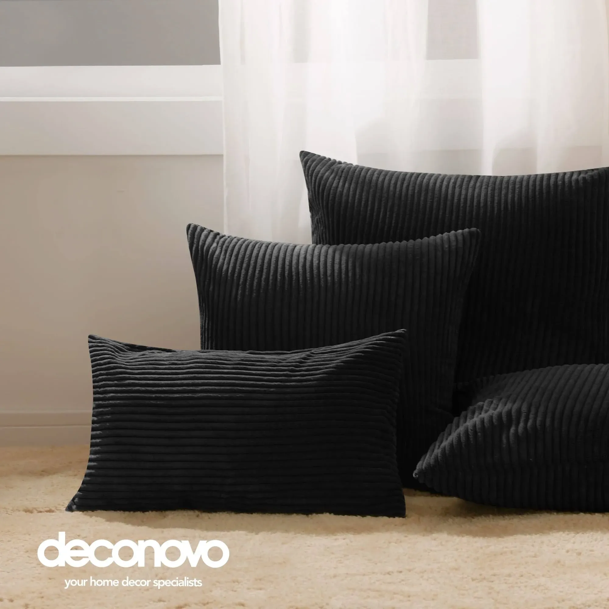 Deconovo Decorations Set of 2, Halloween Throw Pillow Cover, 16x16 Inch, Jet Black, Black Corduroy Cushion Covers with Stripe Pattern for Couch Sofa Chair Bedroom Living Room