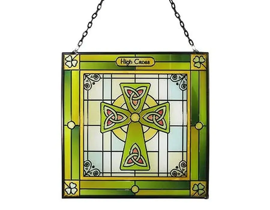 Royal Tara High Cross Stained Glass Window Hang Suncatcher Irish Plaque Handcrafted Shamrock Square Decor Housewarming Gift 6.3" (Glass, Green)