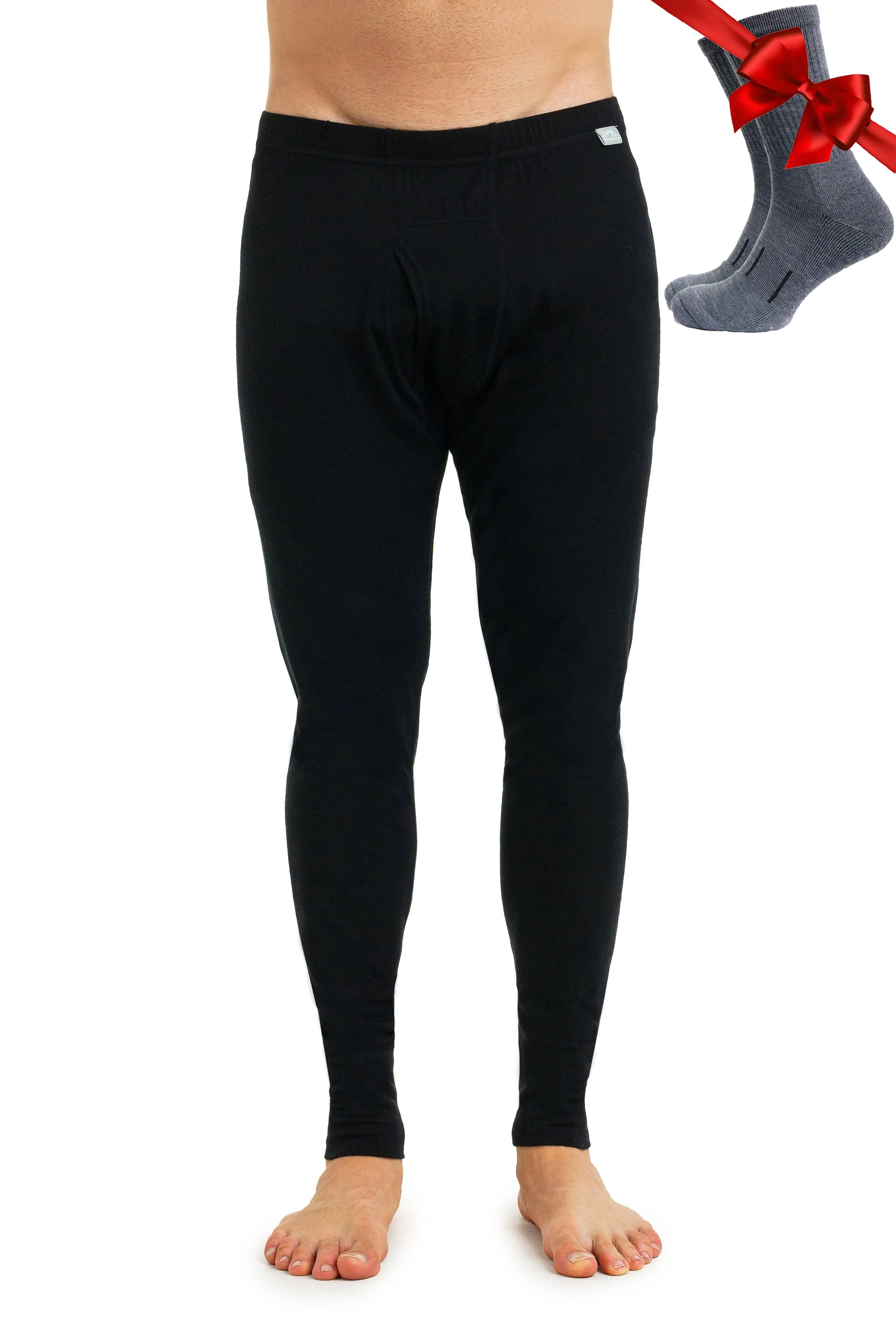 Merino Wool Base Layer Mens Bottom Pants 100% Merino Wool Lightweight, Midweight Thermal Underwear Long Johns + Wool Socks