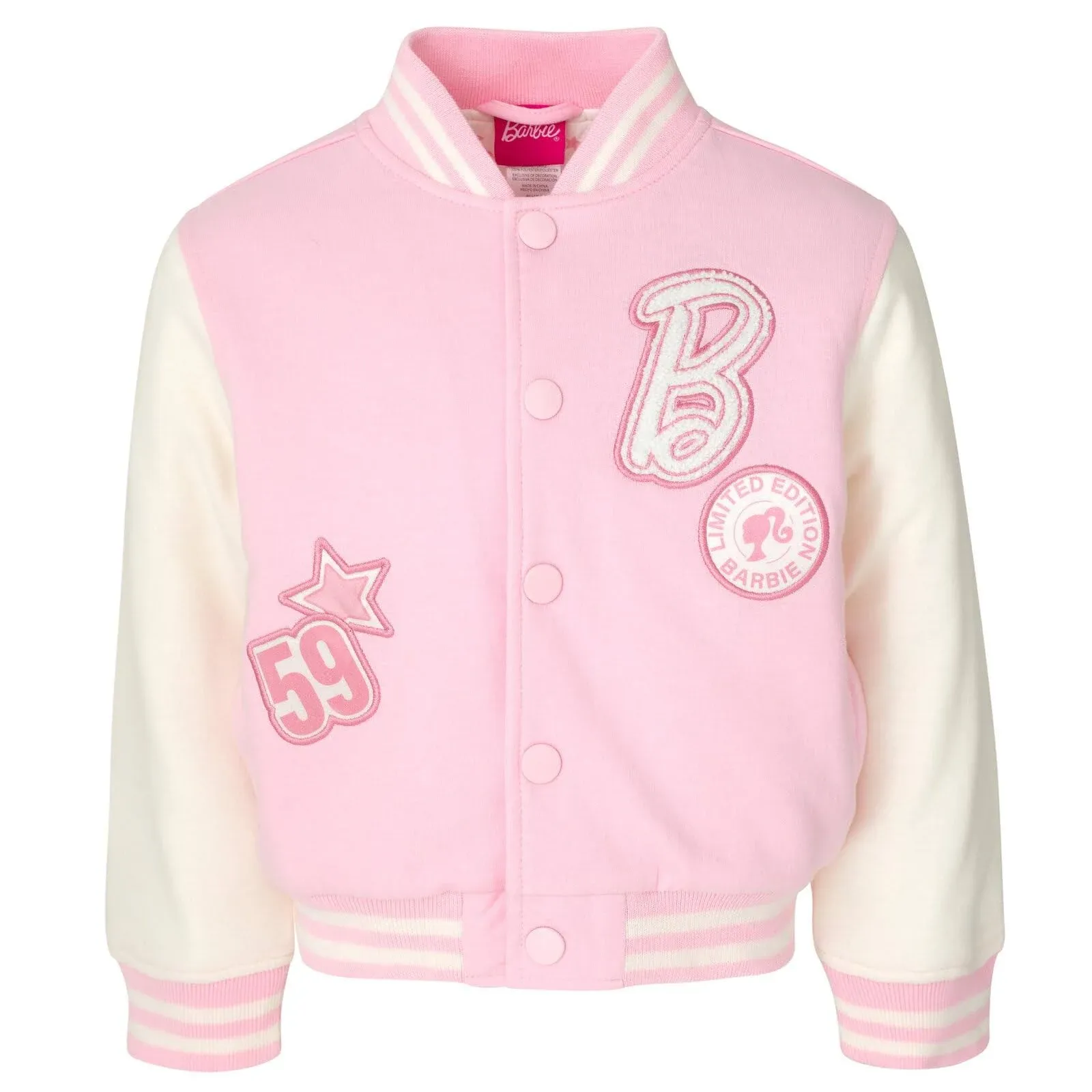 Girls Barbie French Terry Pink and White Varsity Bomber Jacket, NWOT, 14/16