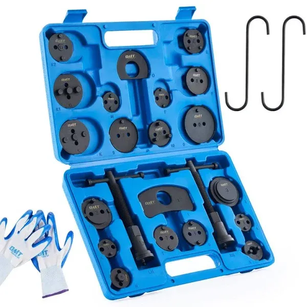 Orion Motor Tech Brake Caliper Wind Back Tool Kit, 24pc Brake Caliper Compression Tool Set with Thrust Bolt Assemblies Retaining Plates Caliper Hangers 18 Disc Adapters, Brake Caliper Tool, Blue Case