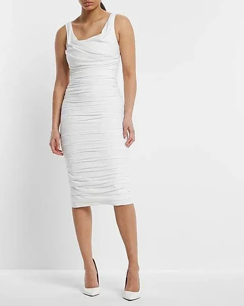 Express Cocktail & Party Bridal Satin Ruched Midi Dress White Women's 2