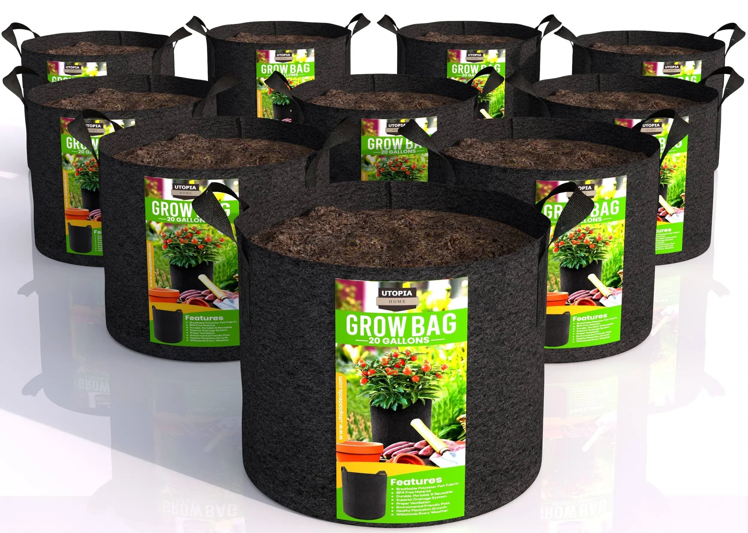 Utopia Home 10 Pack 20 Gallon Grow Bags, 300G Thickened Nonwoven Plant Fabric Pots for Outdoor, Grow Pots, Garden Plant Bags, Aeration Fabric Planter Bags for Fruits, Vegetables and Flowers