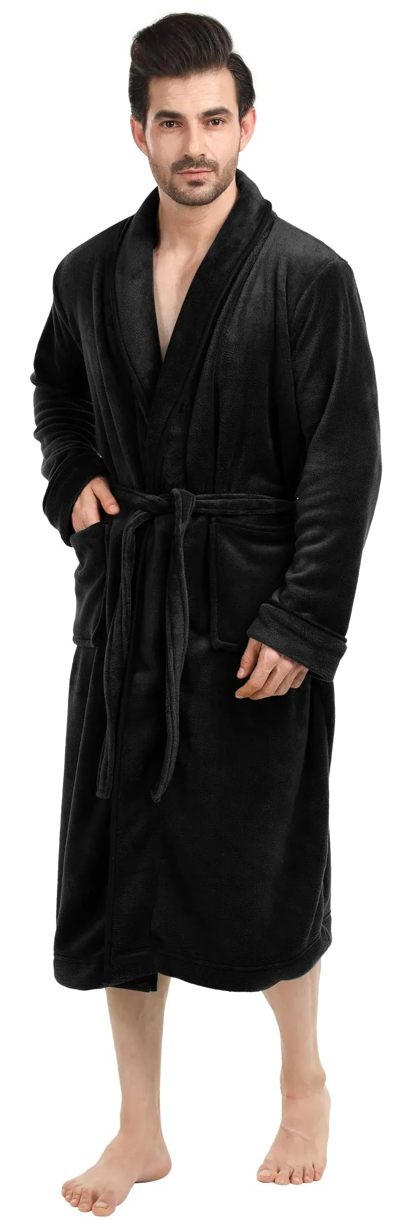 NY Threads Luxurious Mens Shawl Collar Fleece Bathrobe, Spa Robe, Small-Medium, Black