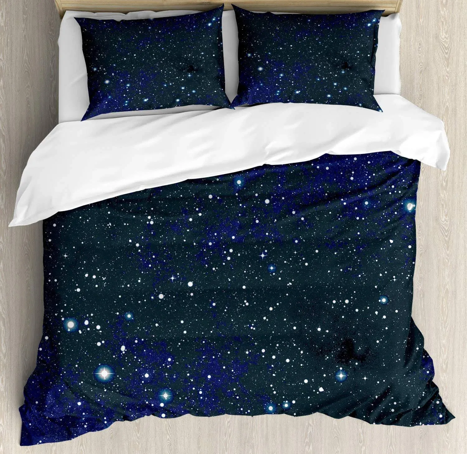 Ambesonne Night Duvet Cover Set, Composition Dots Sky Theme Abstract Style Arrangement Cosmos Concept Print, Decorative 3 Piece Bedding Set with 2 Pillow Shams, King Size, Dark Blue White