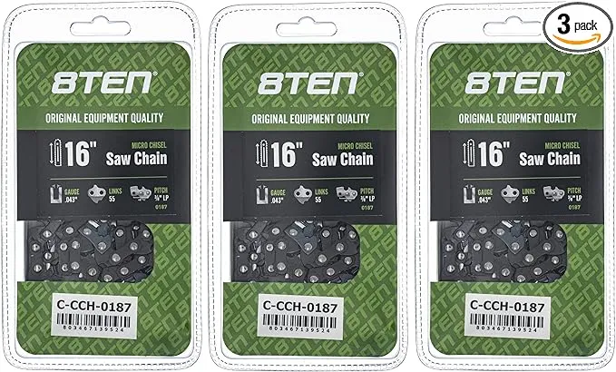 8TEN Micro Chisel Chainsaw Chain 16 Inch .043 3/8 LP 55DL For Stihl MS 170 171 180 200 E140 Husqvarna(3 Pack)