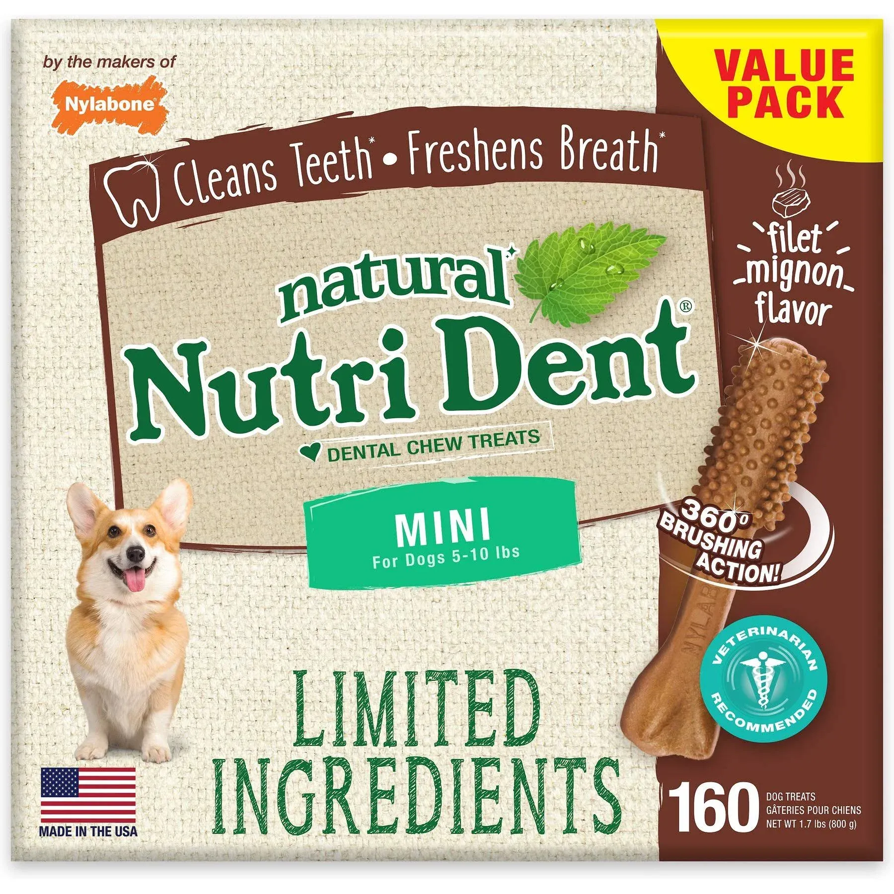 Nylabone Natural Nutri Dent Filet Mignon Dental Chews - Limited Ingredients - Mini - 160 Count