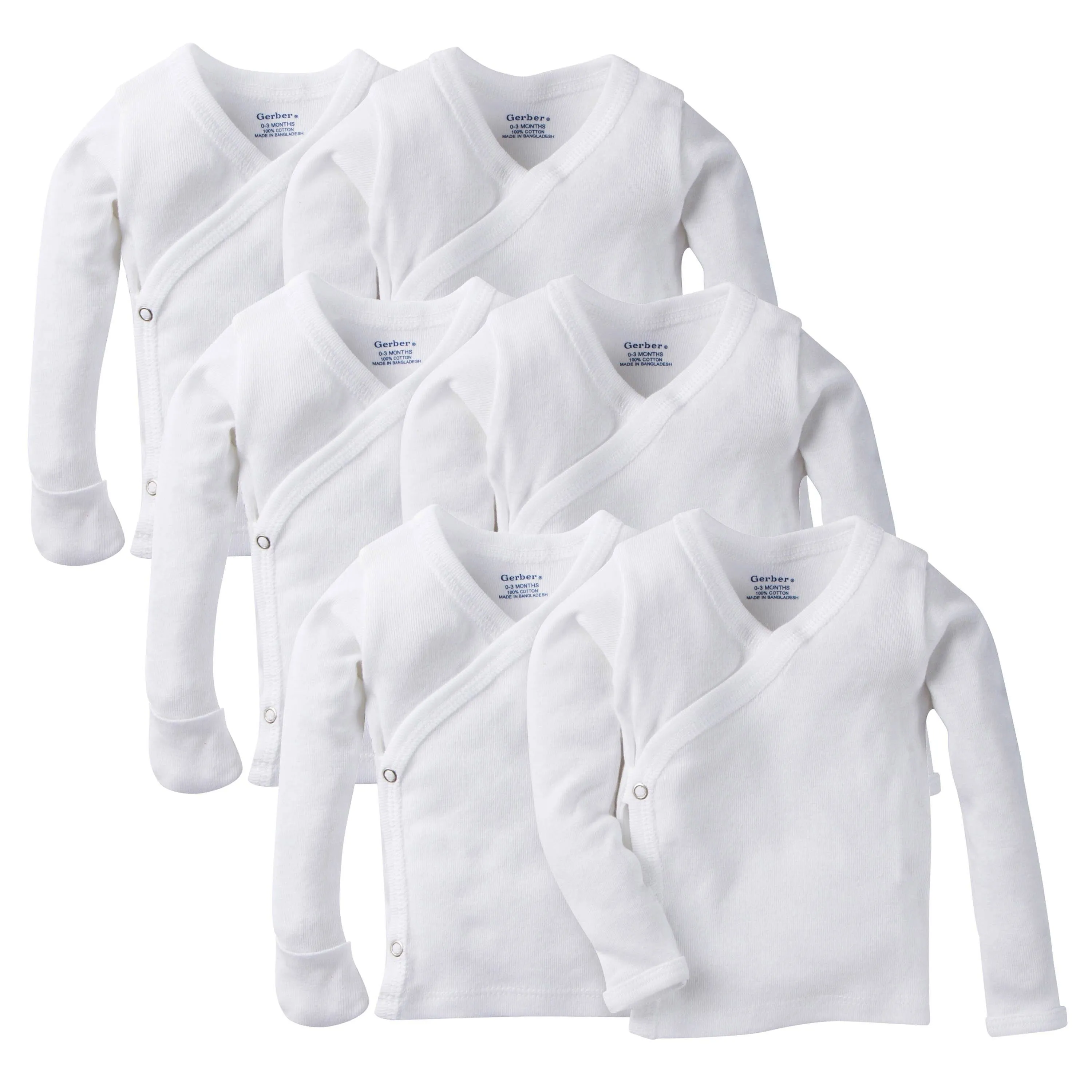 Gerber Baby 6-Pack Long-Sleeve Side-Snap Mitten-Cuff Shirts