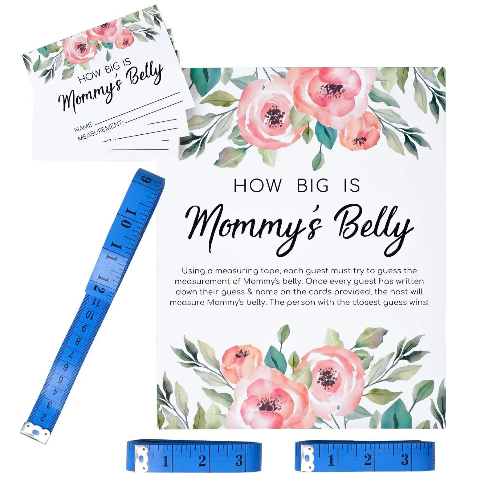 34 PCS Baby Shower Measure Belly Game How Big is Mommy's Belly, 30 Guessing Cards, 3 Measuring Tapes, and 1 Game Sign with Stand (Blue)