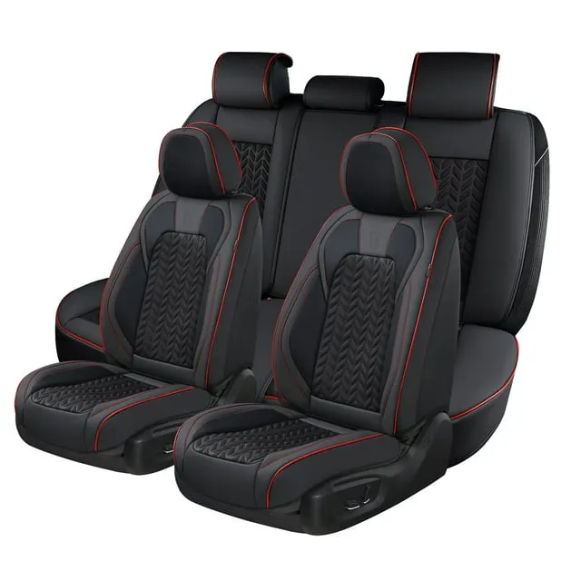 Coverado Full Set Black Seat Covers Set for Car, 5 Seats Faux Leather with Embossed Grains, Front and Back Universal Auto Seat Protectors, Compatible with Most Cars, Sedans, SUVs and Trucks