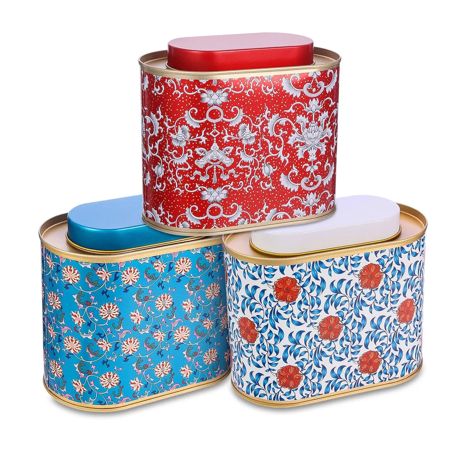 3-Pack Large Tea Tins with Lid - Oval Shaped Metal Canisters for Loose Tea Coffee Herbs and More