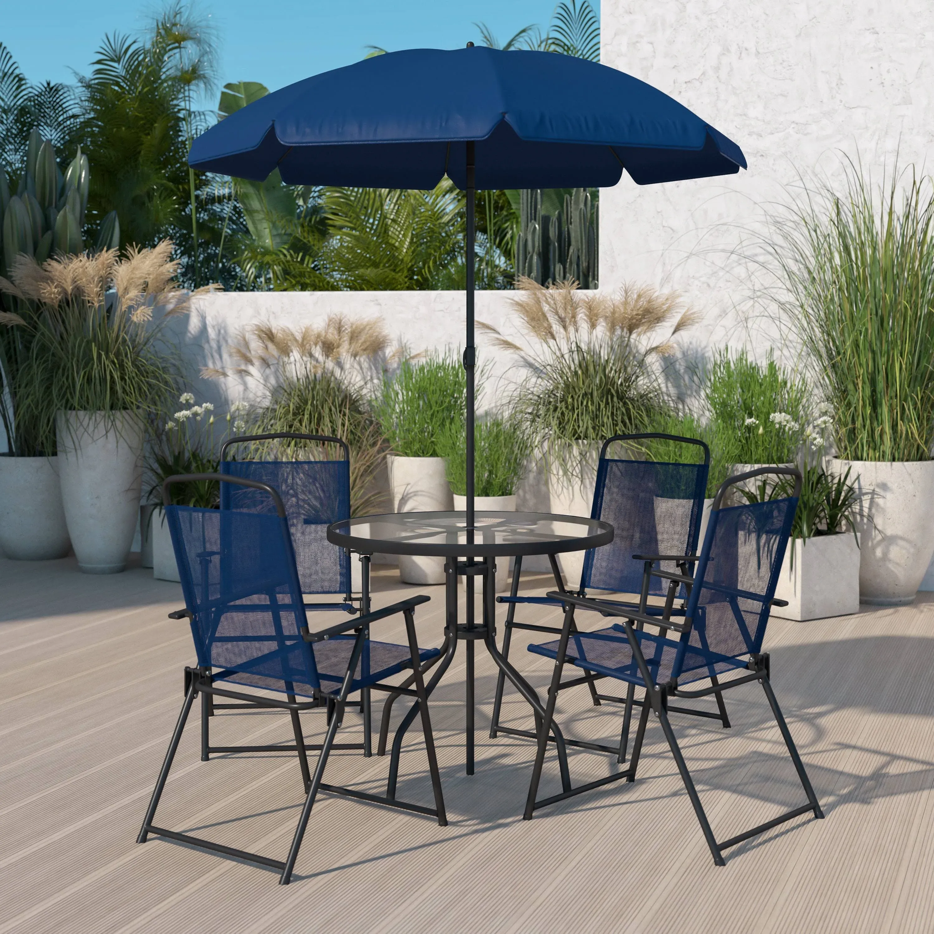 Flash Furniture Nantucket 6PC Plastic Patio Umbrella Table &amp; Chairs Set in Navy