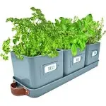 Herb Planter Indoor - Set of 3 Teal Blue Indoor Herb Garden Pots for Plants with Leather Handled Tray - Window Sill Plant Shelf - Herb Pots with Drainage Holes and Labels