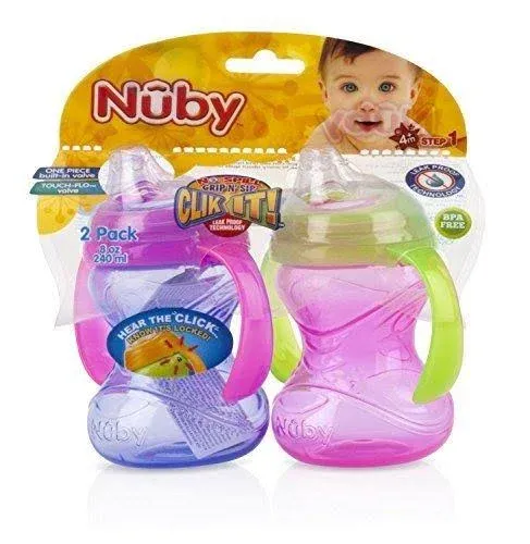 Nuby Clik-It GripN'Sip Cup - 2 Pack, Pink and Purple