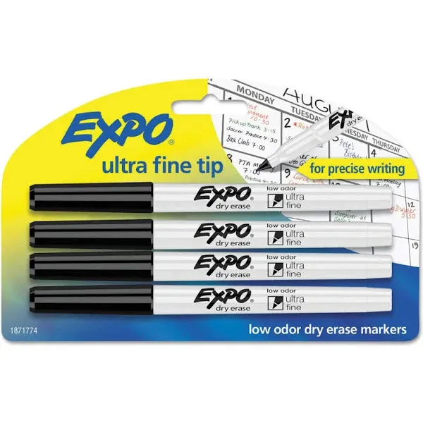 EXPO® Low-Odor Dry-Erase Marker, Extra-Fine Bullet Tip, Black, 4/Pack