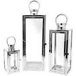 Allgala 3-Pc Set Jumbo Luxury Modern Indoor/Outdoor Hurricane Candle Lantern Set with Chrome Plated Structure and Tempered Glass-Cuboid Gold-HD88011