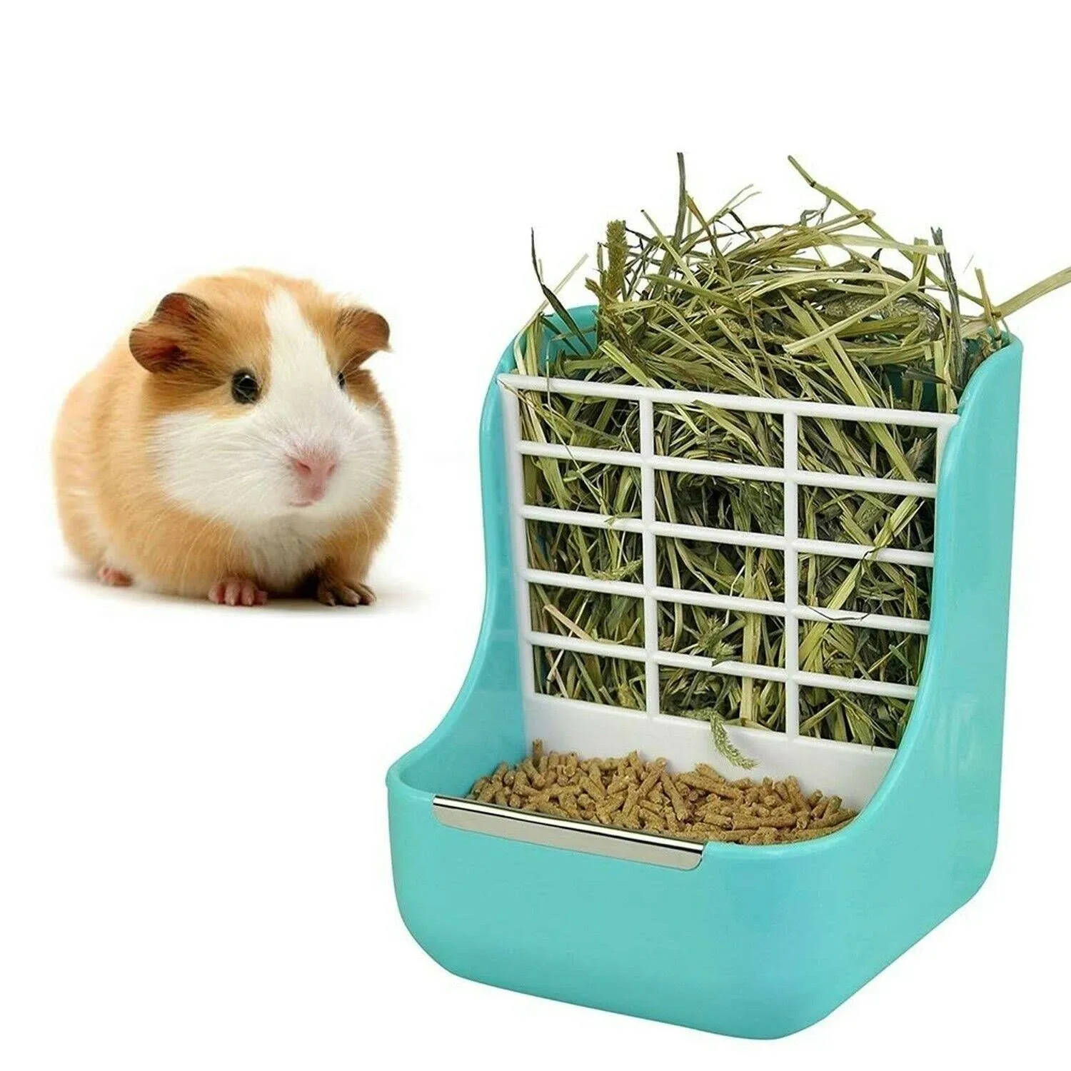 2 in 1 Food Hay Feeder for Guinea Pig, Rabbit Feeder, Indoor Hay Feeder for Guinea Pig, Rabbit, Chinchilla, Feeder Bowls Use for Grass & Food (Blue)