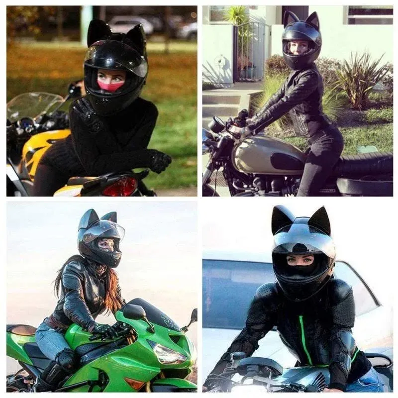 Adult Personalized Cat Ear Motorcycle Helmet,Men and Women Cool Cat Locomotive Motorcycle Full Face Helmet,DOT/FMVSS-218 Certification Standard,Suitable for All Seasons