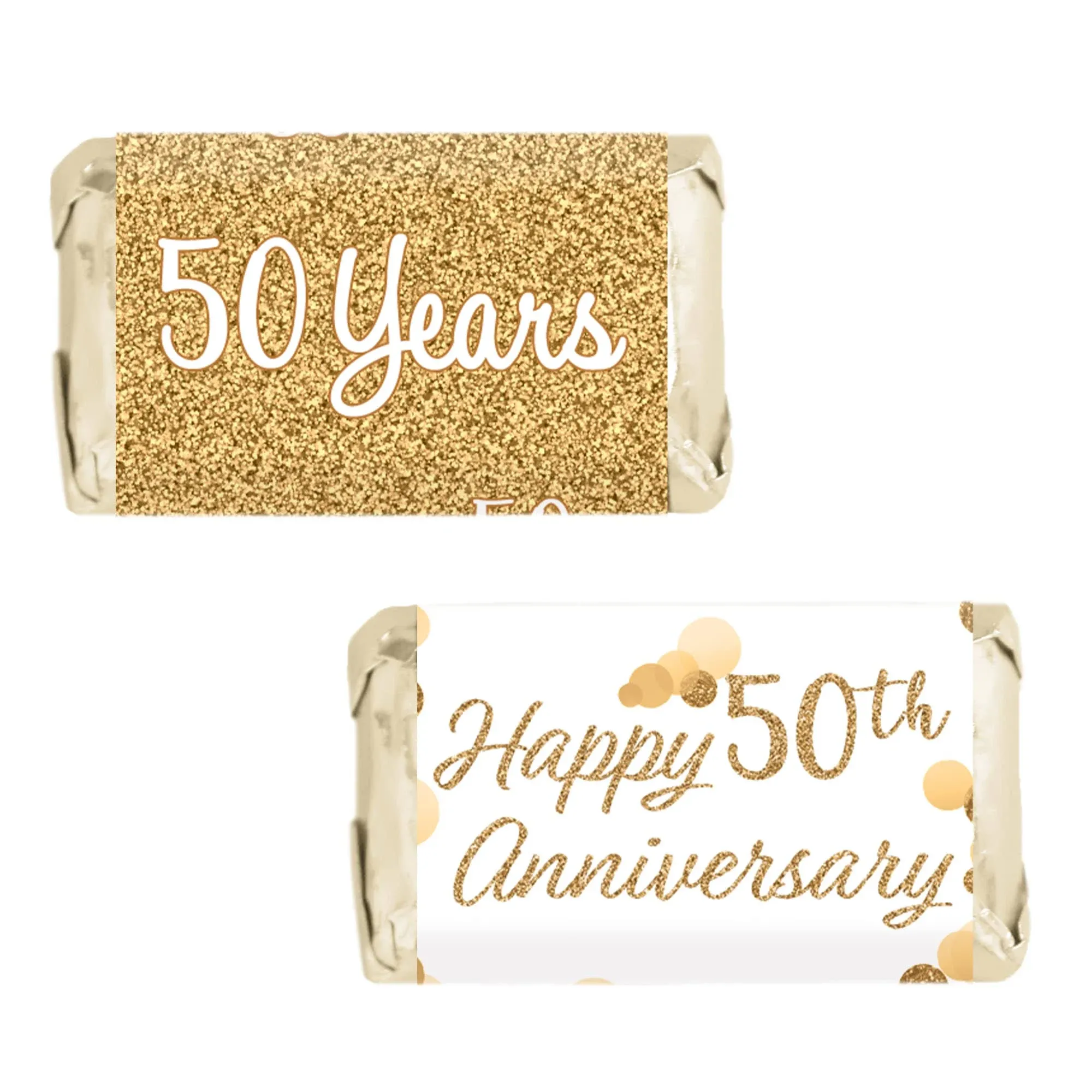 Gold 50th Anniversary Mini Candy Bar Wrappers, 50th Wedding Anniversary Decorations - 45 Stickers