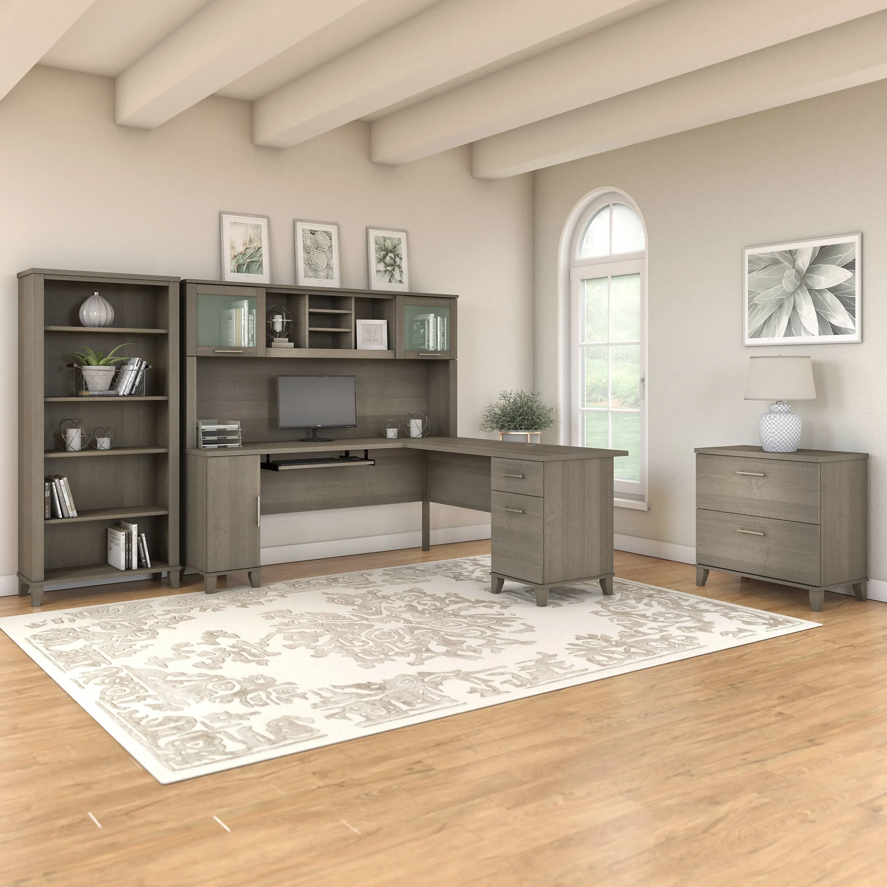 Bush Furniture Somerset 72W L Shaped Desk with Hutch, Lateral File Cabinet and Bookcase Ash Gray