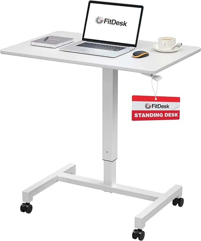 FitDesk Adjustable Desk- Height Adjustable Laptop Desk- Stand Up Desk- Pneumatic Standing Desk- Portable Desk for Laptop- Adjustable Mobile Desk- Portable Office Desk for Home Office- White, 27"