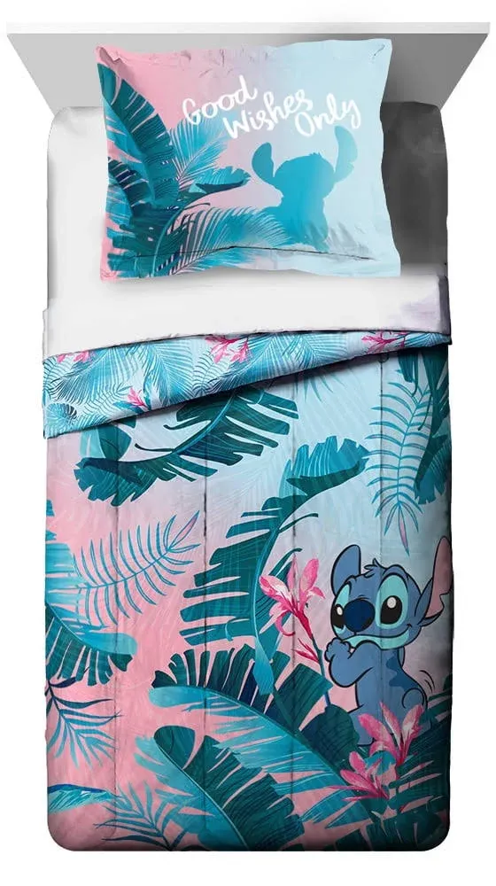 Lilo & Stitch Pink & Blue Floral Kids Reversible Comforter & Sham Set, Size: Full ...