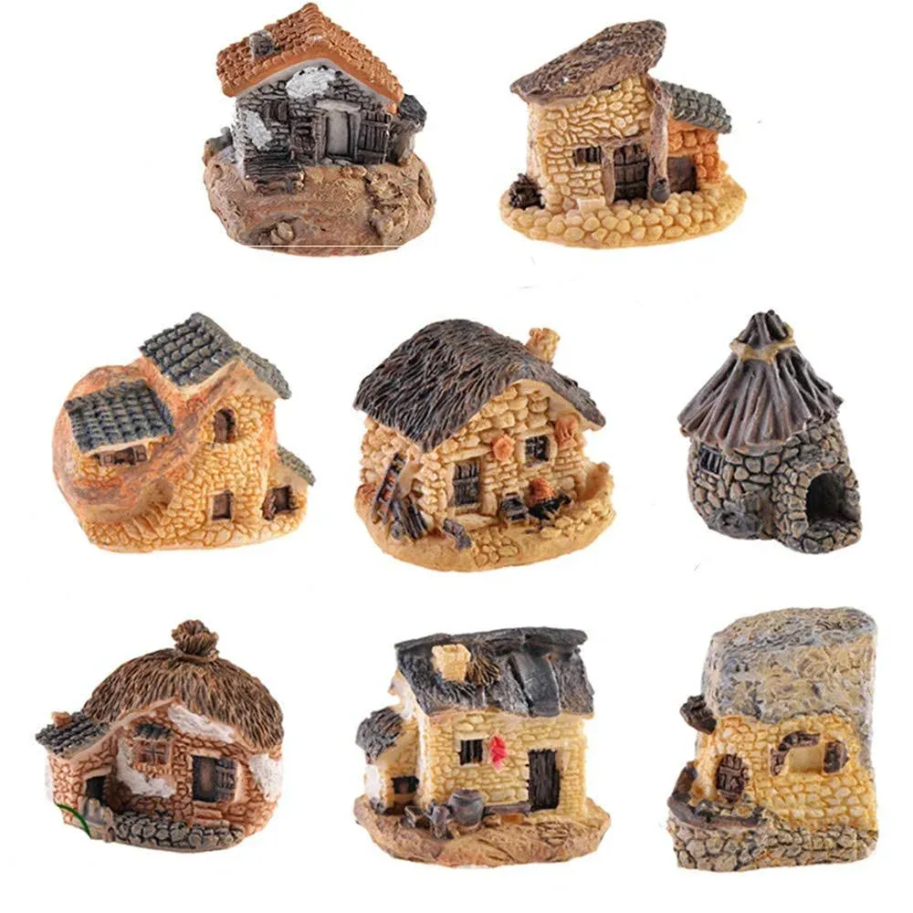 8 Pack Miniature Fairy Garden Stone House, Resin Village House Fairy Garden Kits Figurines, Mini Fairy Cottage House Fairy Garden Kits Dollhouse Supplies DIY Outdoor Decorations, Plant Pot Micro Land