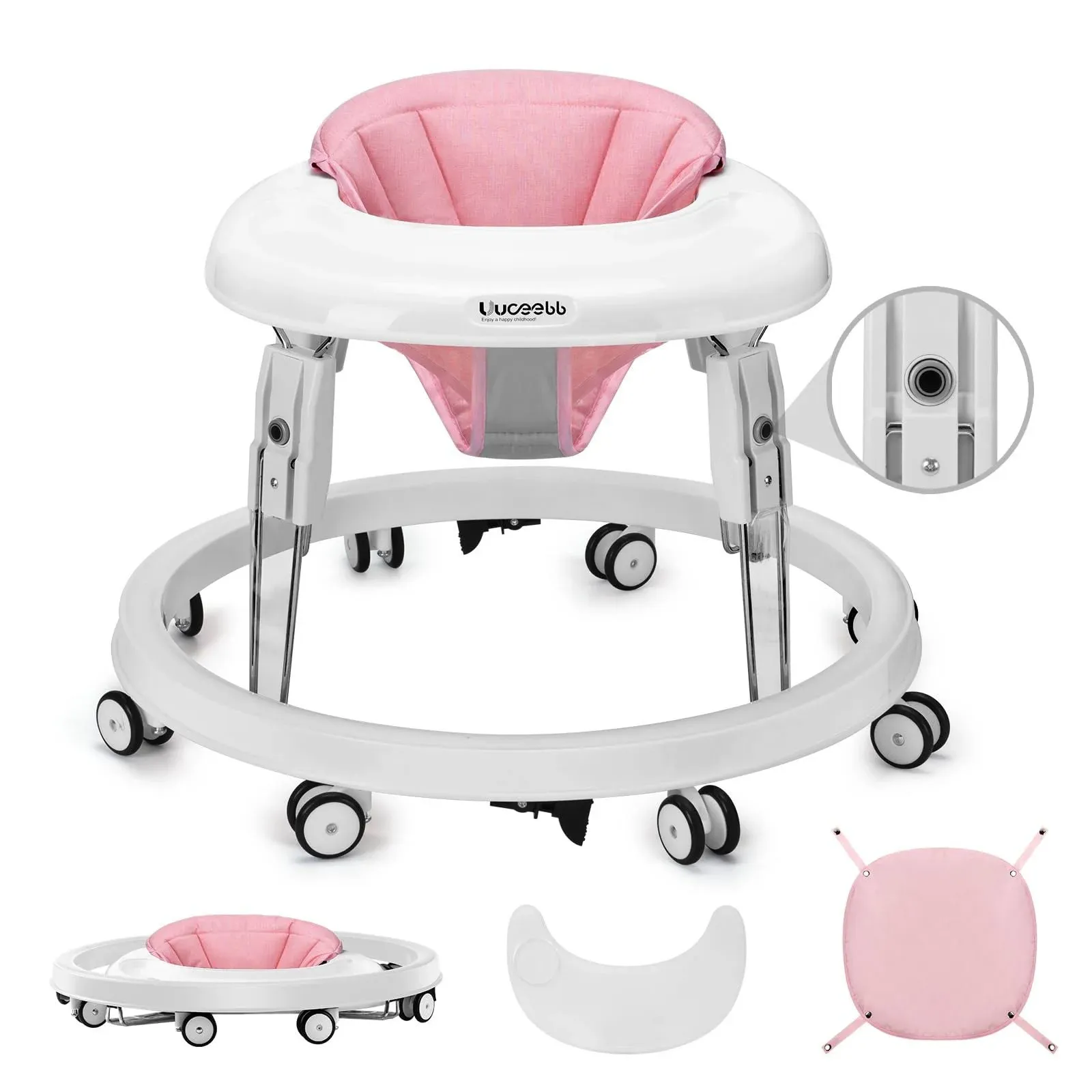 One-Touch Folding Baby Walker, Anti-Roll 8-Wheel Round Chassis, 7-Speed Height Adjustment, with Large Dinner Plate and Brake, 6-18 Months Baby Walker, Pink