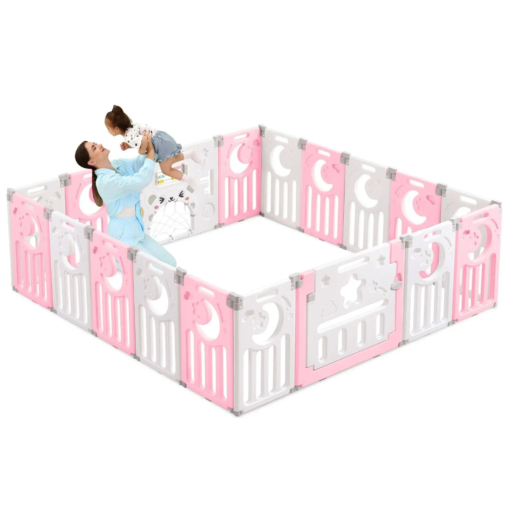 Dripex Baby Playpen, Foldable Playpen for Babies and Toddlers, Adjustable Shape Baby Fence, Safety Play Yard with Gate, Portable Play Area for Indoor or Outdoor (Pink+White,18 Panel)